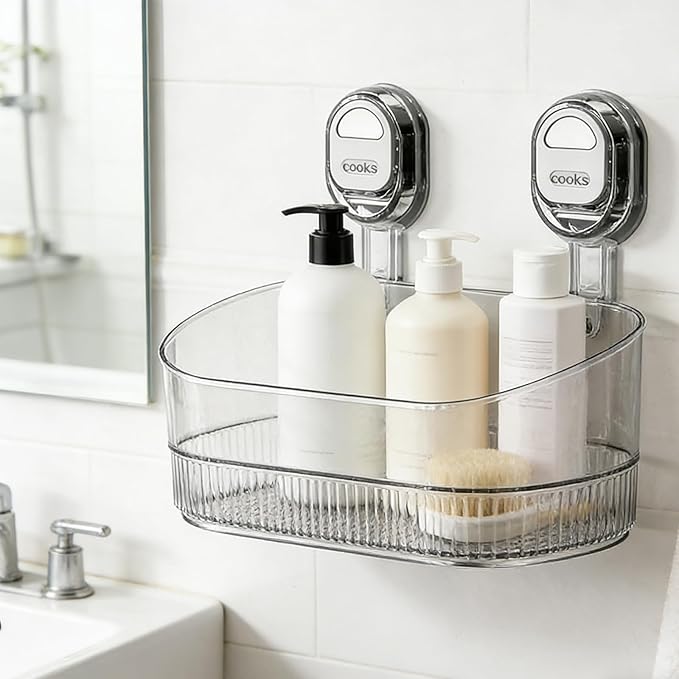 No-Drill Bathroom Suction Cup Storage Shelf - Waterproof Large Capacity Organizer Rack with Strong Suction & Easy Installation for Shower, Toilet, Vanity, Countertop (Clear)