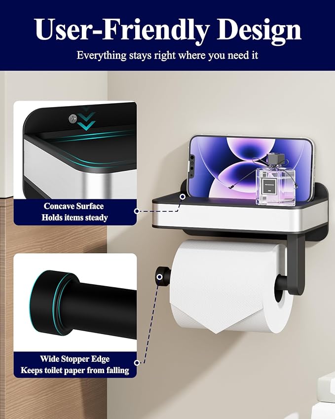 Kitsure Toilet Paper Holder with Shelf - Adhesive & Screw Wall Mount Toilet Paper Storage, Matte Black Design for Bathroom Decor, Space-Saving for Washroom, RV, Black, 7.1" W