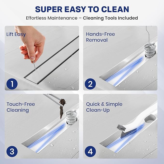 Linear Shower Drain 24 inch with 2-in-1 Flat & Tile Insert Cover - Brushed 304 Stainless Steel Shower Floor Drain - Bathroom Drain with Reversible Cover & Hair Catcher - Includes Cleaning Tools