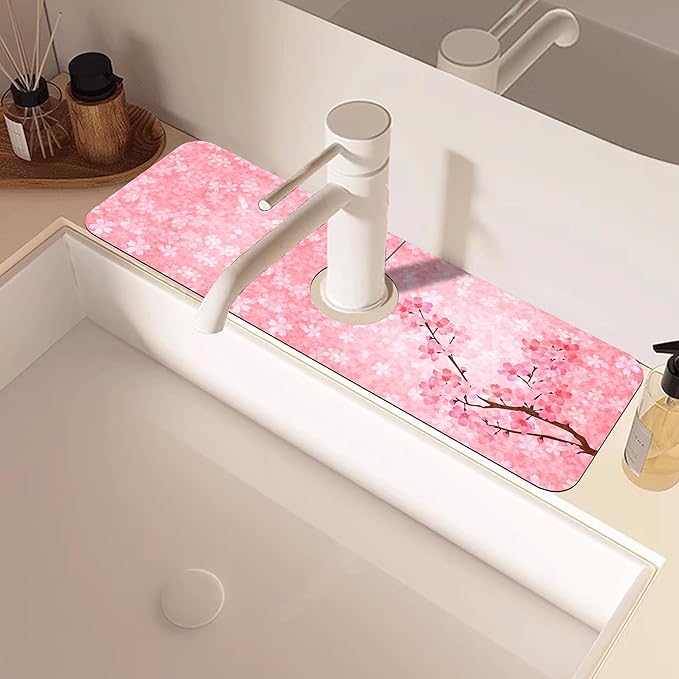 Spring Cherry Blossom Kitchen Sink Splash Guard Absorbent Fast Drying Mat Faucet Draining Guard Behind Faucet Drip Catcher for Kitchen Bathroom 5.5"15"