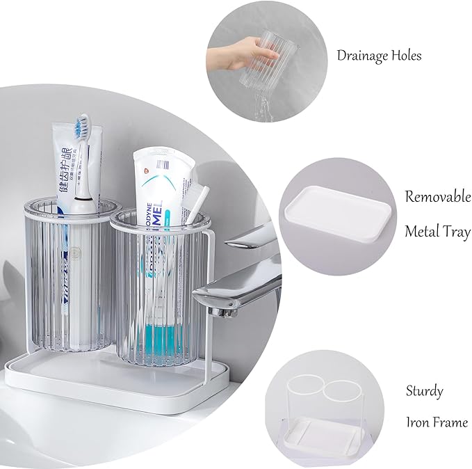 Toothbrush Holders with Drain Tray, 2 Slots Hanging Toothbrush and Toothpaste Holder Organizer Bathroom Caddy Countertop for Toothpaste, Razors, Electric Toothbrush - Clear