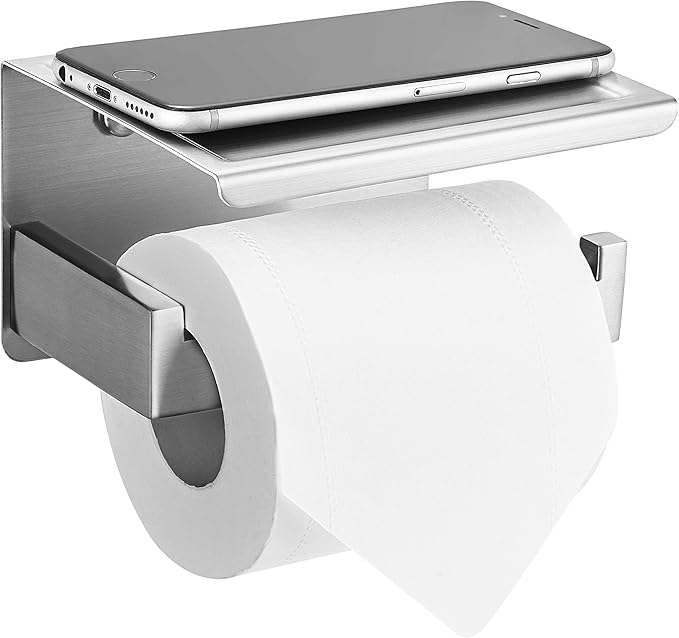 HITSLAM Brushed Nickel Silver Toilet Paper Holder, Stick on Silver Toilet Paper Holder with Shelf, Self Adhesive No Drill or Wall-Mount with Screws for Bathroom