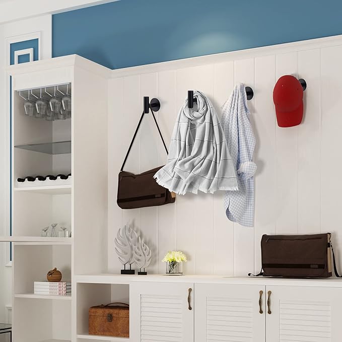 Adhesive Towel Hooks, Heavy Duty Wall Hooks Stainless Steel Waterproof Shower Towel Hooks, Coat Hook for Hanging Clothes, Adhesive Hooks for Bathroom, Glass Window- 4 Pack, Black