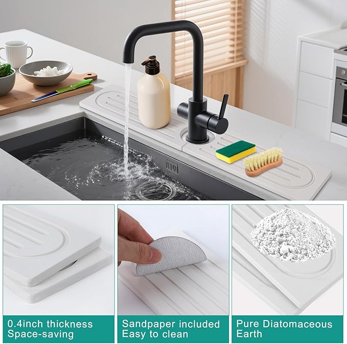 23.6”Drying Stone Faucet Mat for Kitchen Sink-Diatomite Quick Dry Kitchen Sink Splash Guard, Water Absorbent Diatomite Stone Tray,Durable Protector for Bathroom Counter (White, 23.6" X 3.9")