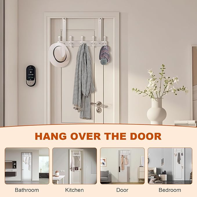 Bersite Over The Door Hooks for Hanging，Over The Door Hanger，Heavy Duty Stainless Steel Door Towel Rack with 5 Double Hooks for Hanging Towels, Coats, Robes, Hats (White)