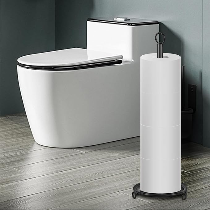 Bath Toilet Paper Holder, Metal Toilet Tissue Roll Organizer Storage, Tissue Paper Holder Stand for Bathroom/Kitchen Countertop (21” H, Matte Black)