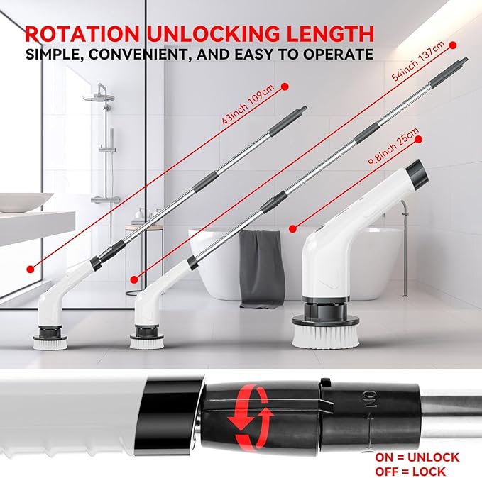 Long Electric Cleaning Brush, with Adjustable Cleaning Height, Abs Material, Cordless Electric Scrubber, Rechargeable Shower Scrubber, Multiple Brush Heads, for Shower, Doors, Kitchen, Sinks,