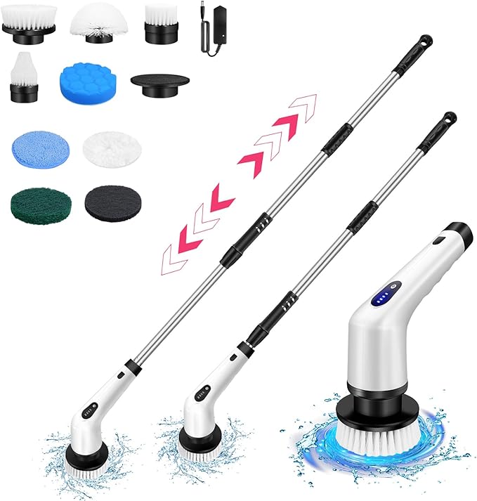 Electric Spin Scrubber Bathroom Scrubber Electric Cordless 2 Speed, 52 in Extension Long Handle, Power Cleaning Brush with 10 Brush Heads for Bathtub Tile Floor Car, EMD