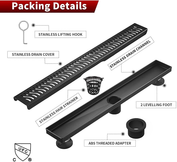 Sharp-tec Shower Drain, 32 inch Linear Shower Drain, Matte Black 304 Stainless Steel Rectangular Shower Floor Drain with Adjustable Leveling Feet, Hair Strainer, cUPC Certified, ST-103-32B