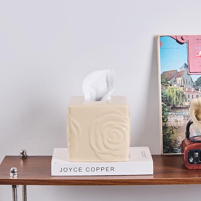 Beige Ceramic Cube Tissue Box Cover with Rose – Large Elegant Rose Floral Square Decorative Tissue Box Holder for Bathroom, Bedroom, Office Desk, Kitchen Counter – Perfect Housewarming Gift