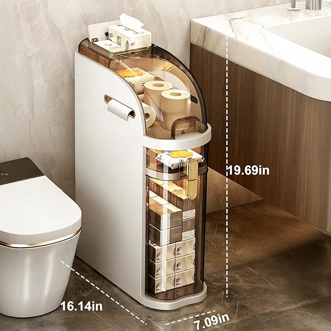 2-Tiers Narrow Bathroom Floor Storage Cabinet 7.1″ Plastic Drawers Organizer with Tissue Box and Wheels Slim Waterproof Bathroom Cabinet for Small Kitchen Laundry Living Room Toilet Gap