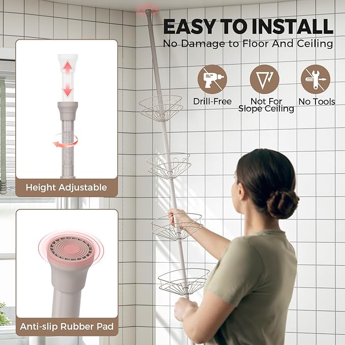 Corner Shower Caddy Tension Pole, 4 Tier Adjustable Bathroom Organizer Shelves, Shower Storage With Hidden Hook & Towel Holder,63.7-119 Inch No-Drill Quick Installation Shower Rack,Sliver