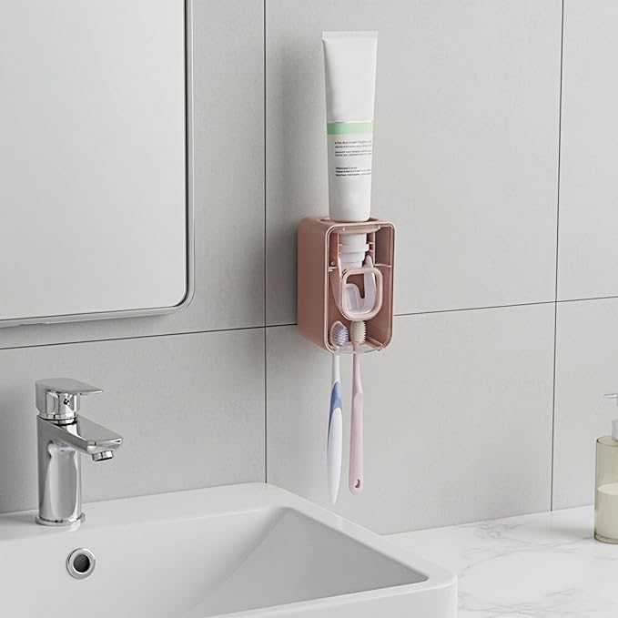 2 Slot Toothbrush Holder and Toothpaste Dispenser Wall Mounted, Automatic Toothpaste Squeezer, 2 in 1 Tooth Brush Toothpaste Organizer for Shower (Pink 2Pack)