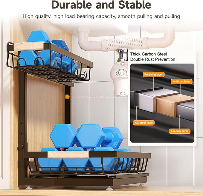 2 Packs Under Sink Organizer, Height Adjustable 2 Tier Under Kitchen sink organizer, Multi-Purpose Storage Shelf for Kitchen Bathroom Cabinet (Brown)