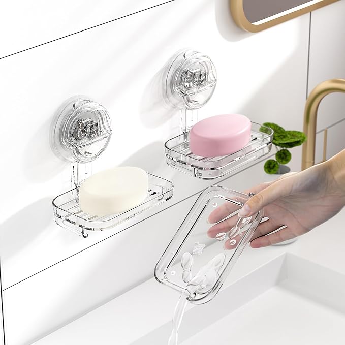 Soap Dish for Shower Clear Acrylic Soap Holder with Self-Draining Design No Drilling Required Strong Fixation for RV Bathroom and Kitchen Easy to Clean and Space Saving(2pack Suction Cup)