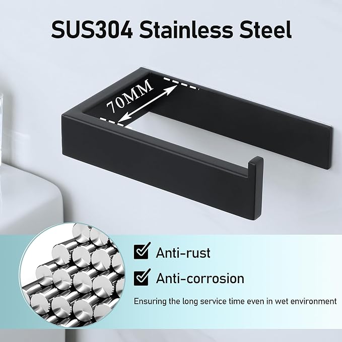 SAYAYO Self Adhesive Toilet Paper Holder Wall Mount, Modern Matte Black Stick on Toilet Paper Roll Holder for Bathroom Square, SUS304 Stainless Steel