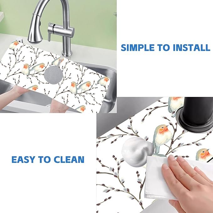 Willow Branches and Robin Dish Drying Mat for Kitchen Sink Splash Guard Behind Faucet Sink Mat Absorbent Fast Drying Faucet Draining Mat for Bathroom Kitchen 5.5"×15"