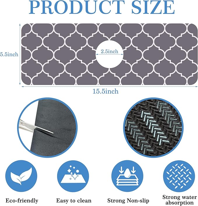 Faucet Mat for Kitchen Sink Stylish Grey Moroccan Art, Soft Diatom Mud Material, Strong Water Absorption, Non-slip, Easy to Clean for Bathroom, Kitchen 15"X5.5"