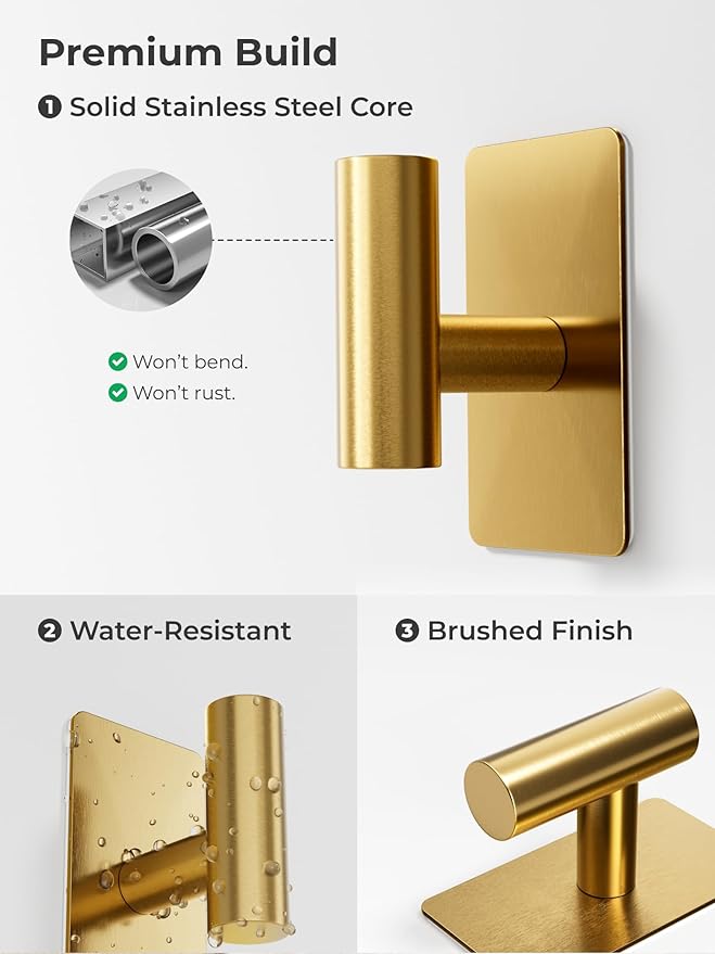 Towel Hooks for Bathrooms – 2 Pack, Brushed Gold Finish, T-Shaped Stainless Steel Adhesive Wall Hooks for Robes & Towels in Kitchen, Shower, or Closet