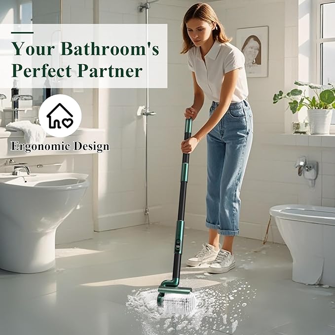 Minthouz Electric Spin Scrubber - 74W High Power, Dual Speed Rotation (350-450 RPM), Extendable 42-Inch Pole, Digital Battery Display, Multi-Purpose Brushes for Home & Outdoor Use