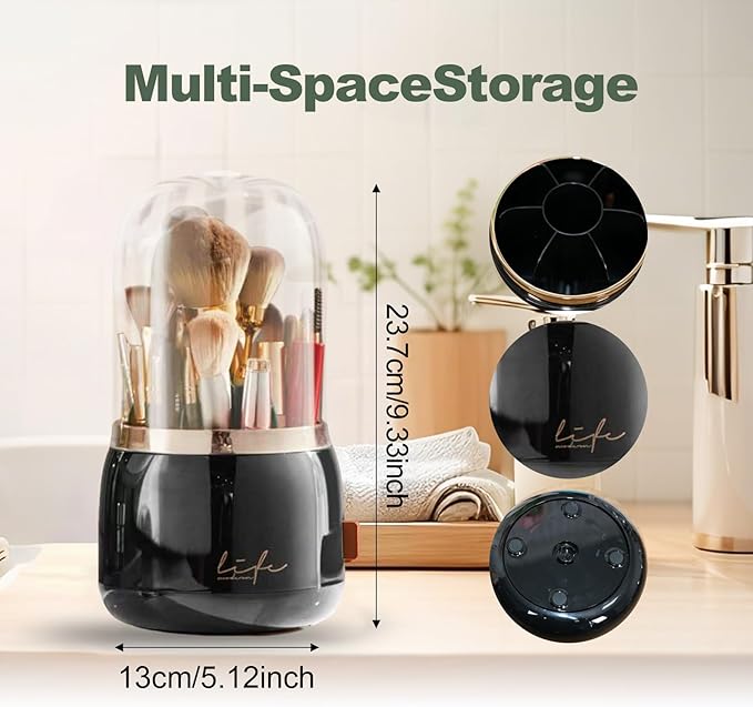 Toothbrush Holders with Cover, Dustproof 360 Rotating 7 Slots Toothpaste Holder for Bathroom Organizer Countertop, Makeup Brushes Organizer, Bathroom Accessories (Black)