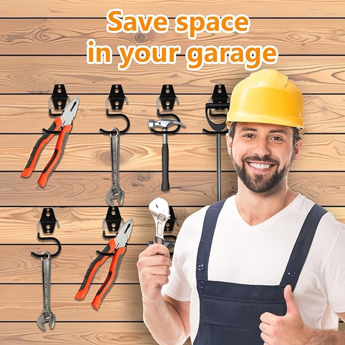 16 Pack Metal Garage Hooks S Hooks Heavy Duty Metal Large S Hooks and Broom and Mop Holder for Mop Shovel Rake Shed Garden Lawn Yard（Black）
