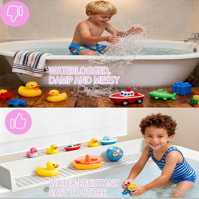 Longer Bath Tub Splash Guard for Kids,Silicone Bathtub Splash Buard,Bath Tub Play Shelf,Prevent Water Spills in Bathroom,Fun-Filled Bath Time for Toddlers(White)