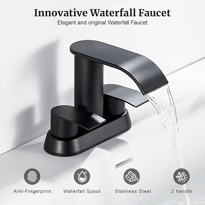 Ultimate Unicorn Black Waterfall Bathroom Faucet, 4 Inch Bathroom Sink Faucet for 3 Hole or 2 Hole, Anti-Splash Design Sink Faucets with Pop Up Drain, Easy Install for Vanity, RV, Lavatory