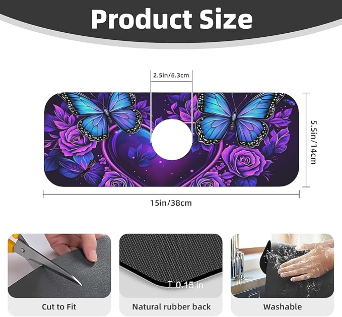 Butterfly Heart Roses 15" X 5.5" Kitchen Sink Splash Guard, Faucet Guard Draining Mat, Faucet Suction Pad For Kitchen Bathroom