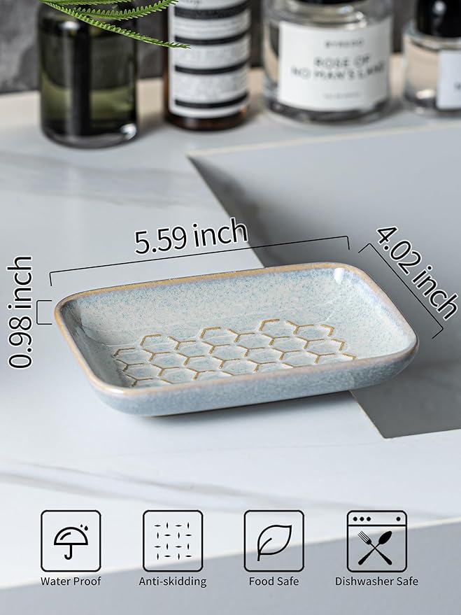 Gomakren Soap Dish for Shower, Ceramic Bar Soap Holder with Honeycomb Design - Soap Saver Tray for Bathroom Kitchen Sink, Sponge & Organizer Tray, Upscale Look, 5.5 Inch, Gray