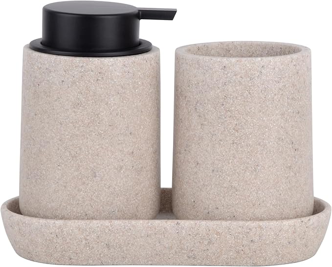 Beige Bathroom Accessories Set, 3 Pcs Resin Bathroom Accessories Complete Set, Sandstone Look Soap Dispenser with Large Pump, Toothbrush Cup, Soap Dish for Modern Home Decor and Kitchen