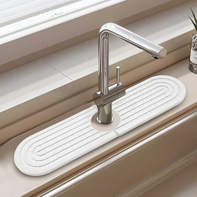 Stone Fucet Mat for Kitchen Sink, Fast Drying Stone Sink Tray Kitchen Faucet Splash Guard Sink Faucet Absorbent Mat for Bathroom Fucet(23.6" x 3.9",White)