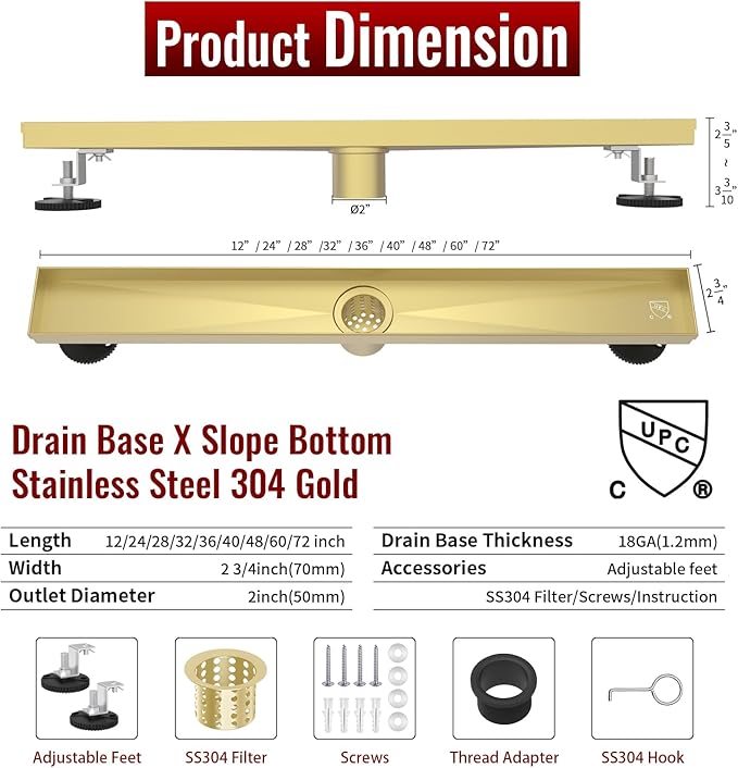 24 Inch Linear Shower Drain, Brushed Gold Shower Drain, Removable Grate, 304 Stainless Steel, Easy to Install and Clean for Bathrooms (Drain Base Not Included), LSD-51A-24G