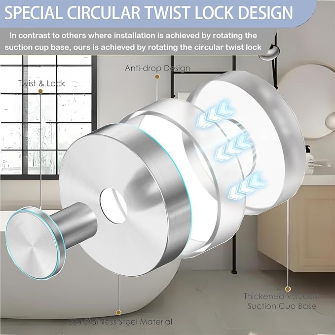 Suction Cup Towel Hooks for Bathroom – 2 Pack Removable Wall Hooks, Brushed Nickel, Waterproof & Rustproof, Holds up to 15 lbs, for Shower, Kitchen, Glass, Tile Surfaces (Brushed Nickel)