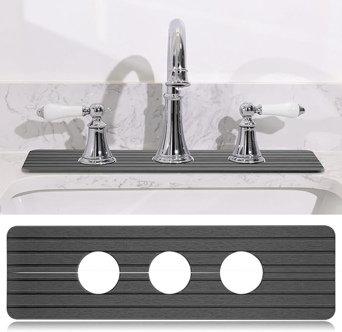 3 Hole Gray Faucet Mat for Kitchen Sink 16.1 x 5 Kitchen Faucet Absorbent Mat Diatomite Splash Guard for Sink Quick Drying Stone Drip Catcher for Bathroom Counter