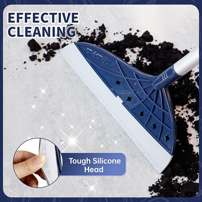 Air Broom for Household Cleaning, Silicone Broom Adjustable Handle, Sweep and Scrape 2-in-1 Squeegee Broom for Wet&Dry Messes, Hair, Liquids, Glass, Bathroom, Kitchen on Smooth Floor (Blue)