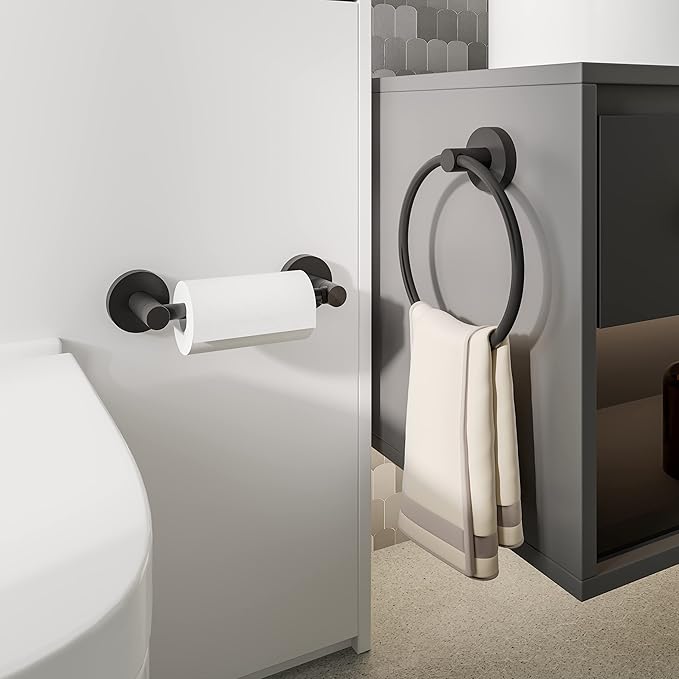 Bathroom Hardware Set 2 Piece-Black Towel Ring and Toilet Paper Holder Stainless Steel and Zinc Alloy Bathroom Hand Towel Holder Towel Hanger Matte Black Wall Mounted (Update)