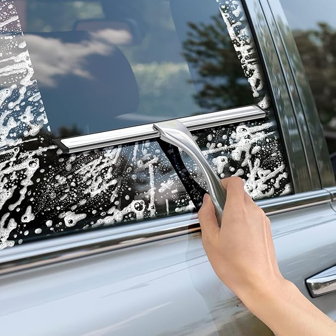 Stainless Steel Shower Squeegee with an Adhesive Hook, 10 Inch Bathroom Glass Door Cleaner, Multi-Purpose Window, Mirror, Tile, and Car Cleaning Tool – Silver