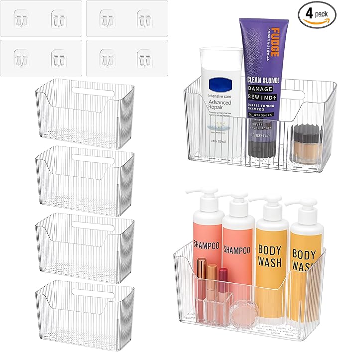 4 Pcs Storage Organizer Bins, Wall Mounted Shower Basket, Shower Caddy Stackable, Clear Plastic Makeup Organizer, Adhesive Hanging Bin for Bathroom, Kitchen, Pantry