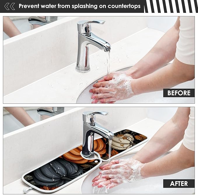 2 PCS Kitchen Sink Splash Guard 30 Inch Faucet Mat for Kitchen Sink Bathroom Sink Faucet Absorbing Drip Drain Mat Pad Microfiber Soft Washable Black Autumn Pumpkins Flowers Maples