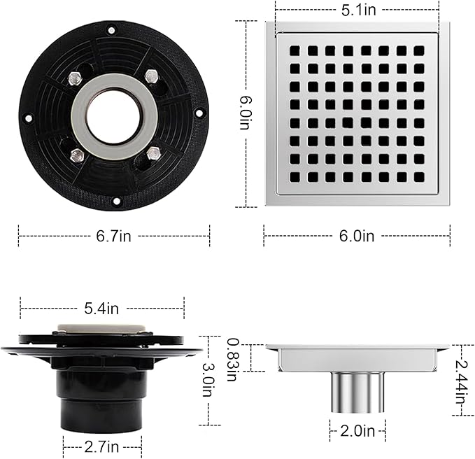 6 Inch Square Shower Floor Drain, Shower Drain Kit with Flange, Square Shower Drain, SUS 304 Stainless Steel Floor Drain,Silver