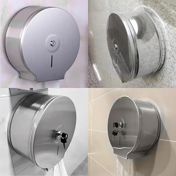 Toilet Paper Dispenser, Stainless Steel Wall Mount Toilet Paper Dispenser Holder Fits Any 9" Tissue Rolls Bath Tissue Holder Offices Homes Mounts Quickly 2 Keys & Lock, Comes with Papers