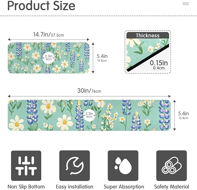 Kitchen Sink Splash Guard 2 PCS 14.7 Inch Sink Faucet Mat Splash Guard for Bathroom Countertop Water Absorbent Foldable Cuttable Soft Washable Cute Green Bluebonnet and Daisies