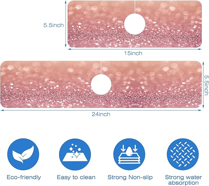 Abstract Pink Glitter Diamond Sink Faucet Absorbing Mat Sink Splash Guard Faucet Mat Draining Mat Fast Drying Sink Protectors for Kitchen and Bathroom 5.5"×24"
