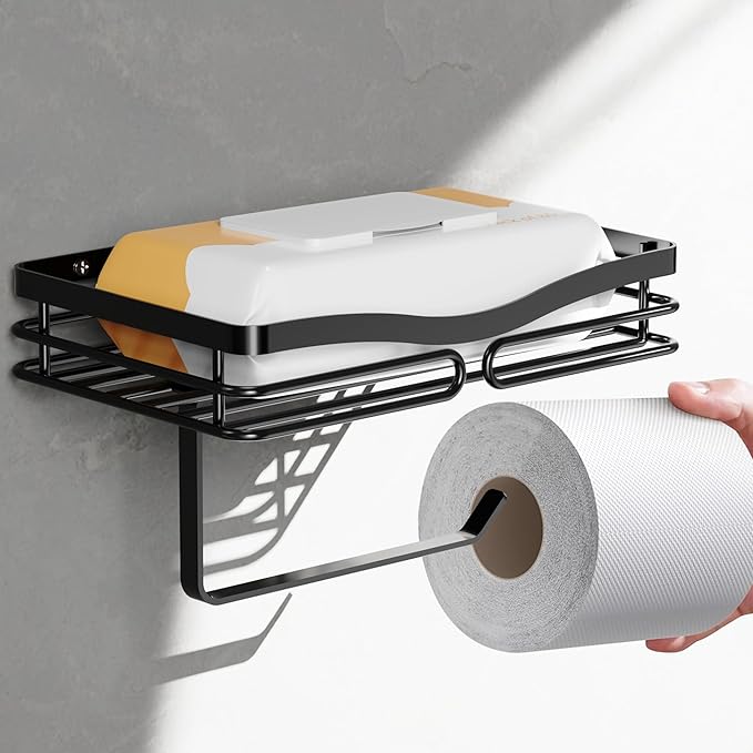 YIGII Toilet Paper Holder with Shelf, Adhesive or Drilling Tissue Roll Holder for Bathroom, Rustproof Toilet Roll Holder Wall Mounted for Phone, Wipe Storage (Matte Black)
