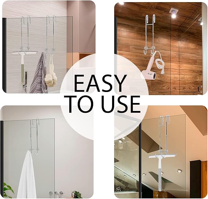 Shower Door Towel Hooks (2-Pack), 9"~13" Length Adjustable Hook for Framed & Frameless Over The Door Glass, Squeegee Holder, Towels Hanger for Bath Suits Rozer Robes Loofahs Shavers, Silver