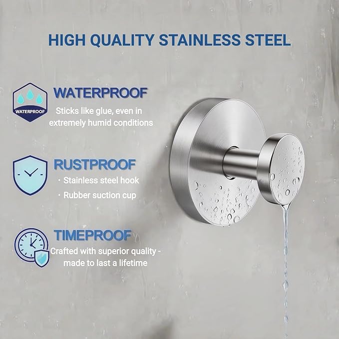 WZW&CLC Suction Cup Hooks for Shower, Stainless Steel Heavy Duty Hanger, Waterproof Removable Towel Hooks for Kitchen, Bathroom, Mirror, Wall, Glass (2, Silver)