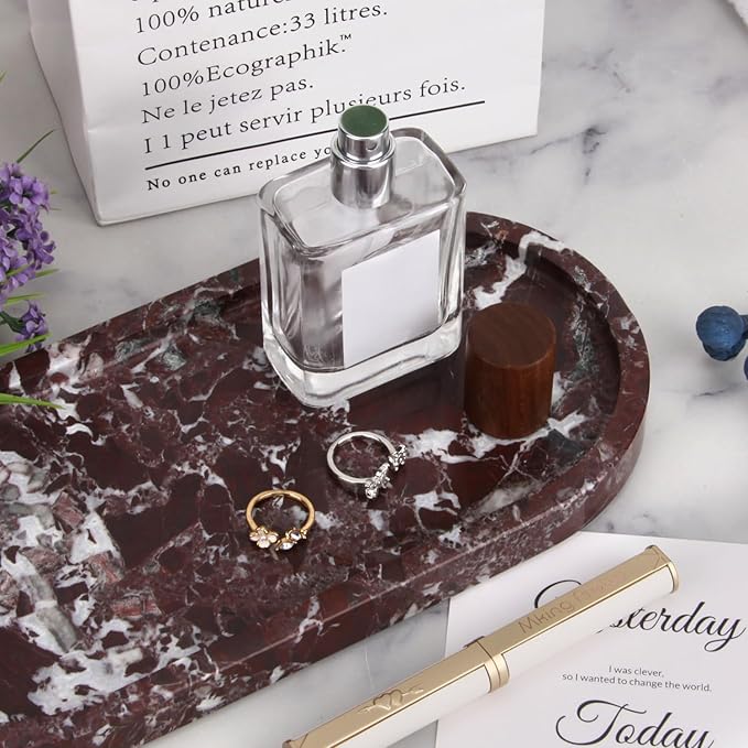 Oval Marble Bathroom Vanity Tray, Natural Luxury Marble Home Kitchen Bathroom Table Tray, Stone Decorative Countertop Serving Trays for Coffee Perfume Jewelry Makeup(Rosso Lepanto, 10 * 5 * 0.6)