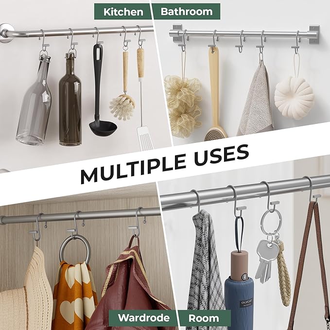 Silver Shower Curtain Hooks, Bathway Shower Curtain Rings Rust Proof, 12PCS Shower Hooks for Shower Curtain, T-Bar Design Convenient Elegant Shower Curtain Hangers for Bathroom Kitchen Wardrobe