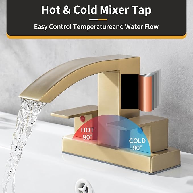 4 Inch Centerset Bathroom Faucet, 2-Handle Waterfall Sink Faucet 3 Hole, Brushed Gold Vanity Faucet with Pop Up Drain & cUPC Supply Hoses,Waterfall Bathroom Faucet for Lavatory